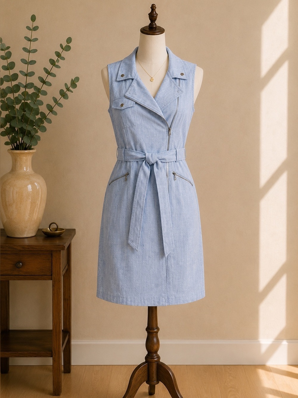 Calvin Klein Chambray Utility Midi Light Blue Safari Shirt Dress, Size 10
